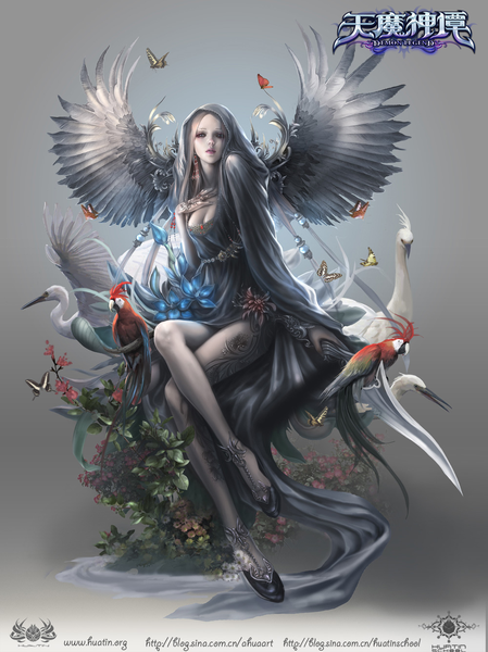 Anime picture 1000x1336 with original ahua single long hair tall image looking at viewer blush blonde hair sitting cleavage lips realistic inscription crossed legs hand on chest logo girl flower (flowers) animal wings