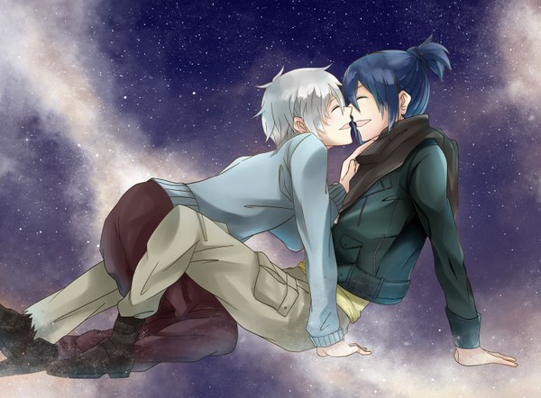 Anime picture 1500x1106 with no.6 studio bones nezumi (no.6) shion (no.6) magami rai short hair open mouth blue hair eyes closed grey hair happy on all fours shounen ai space almost kiss milky way boy jacket scarf sweater