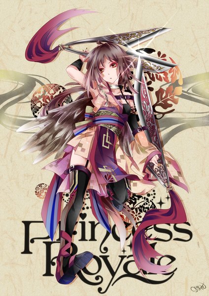 Anime picture 2480x3508 with original tyouya single long hair tall image fringe highres breasts brown hair bare shoulders holding brown eyes traditional clothes japanese clothes inscription girl weapon sword boots belt