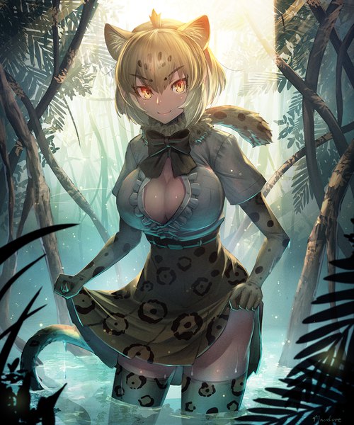 Anime picture 1050x1260 with kemono friends jaguar (kemono friends) takamine nadare single tall image looking at viewer fringe short hair breasts light erotic blonde hair smile hair between eyes large breasts animal ears yellow eyes tail animal tail sunlight zettai ryouiki