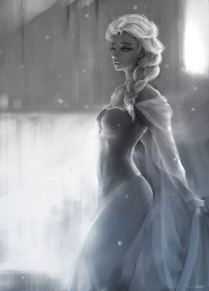 Anime picture 1600x2228 with frozen (disney) disney elsa (frozen) darren geers single long hair tall image breasts standing bare shoulders braid (braids) profile single braid monochrome snowing girl dress hair ornament snowflake (snowflakes) shawl