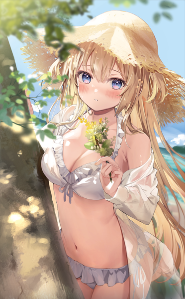 Anime picture 805x1300 with original kanda done single long hair tall image looking at viewer blush fringe breasts blue eyes light erotic blonde hair hair between eyes large breasts standing holding cleavage outdoors off shoulder open clothes