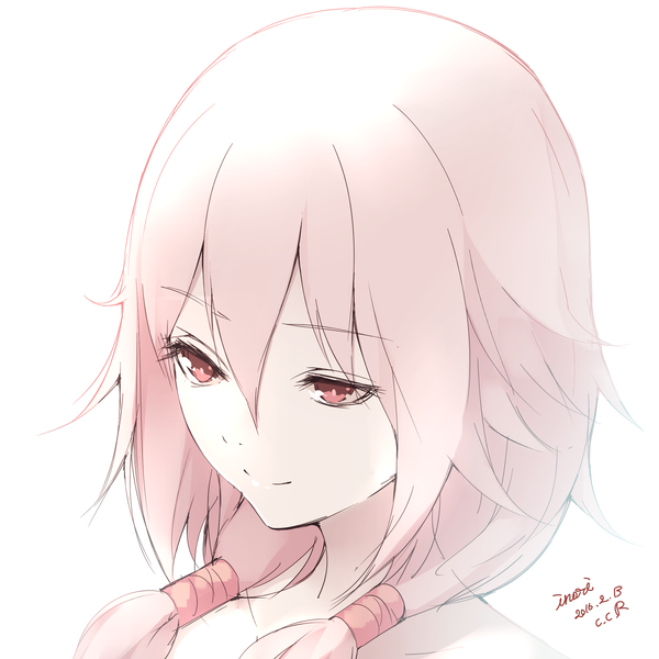 Anime picture 2000x2000 with guilty crown production i.g yuzuriha inori c.c.r single long hair fringe highres simple background smile hair between eyes red eyes white background twintails bare shoulders signed looking away pink hair upper body low twintails