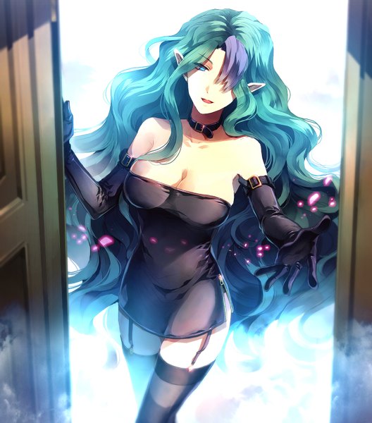Anime picture 1540x1750 with outer zone misery (outer zone) sunakumo single long hair tall image looking at viewer fringe breasts open mouth light erotic large breasts bare shoulders cleavage purple hair multicolored hair aqua eyes pointy ears hair over one eye aqua hair