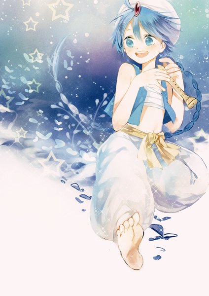 Anime picture 1120x1583 with magi the labyrinth of magic a-1 pictures aladdin (magi) koyuiko single long hair tall image open mouth blue eyes blue hair barefoot single braid boy musical instrument arabian clothes flute rukh (magi)