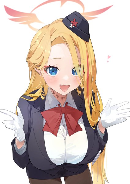 Anime picture 2500x3530 with blue archive pina (blue archive) pina (guide) (blue archive) yanyo (ogino atsuki) single long hair tall image looking at viewer blush highres breasts open mouth blue eyes simple background blonde hair large breasts white background :d fang (fangs) official alternate costume