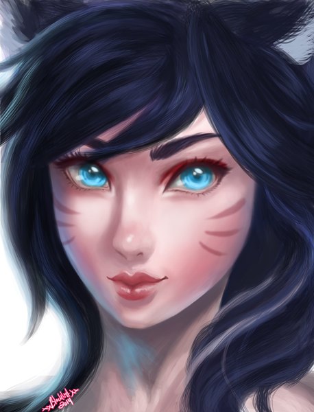Anime picture 800x1047 with league of legends ahri (league of legends) blackxxxlist (artist) single long hair tall image looking at viewer blue eyes animal ears blue hair lips fox girl girl