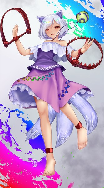 Anime picture 1000x1800 with touhou mitsugashira enoko shounen (hogehoge) single tall image short hair open mouth red eyes animal ears silver hair full body tail :d animal tail barefoot bare legs from below multiple tails dog ears dog tail