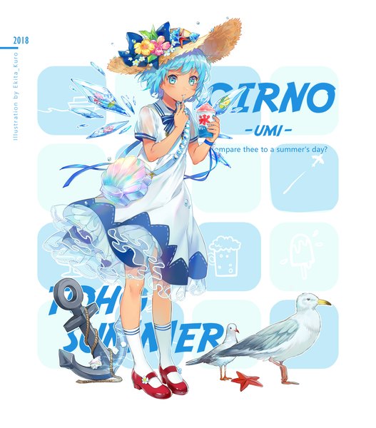 Anime picture 1473x1677 with touhou cirno tanned cirno ekita xuan single tall image looking at viewer short hair blue eyes standing full body wind short sleeves alternate costume contemporary girl dress flower (flowers) hat animal
