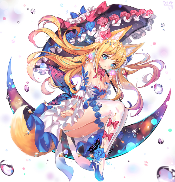 Anime picture 1000x1037 with original ttaji (pass35) single long hair tall image blush fringe blue eyes light erotic simple background blonde hair white background holding signed animal ears pink hair cleavage full body tail animal tail