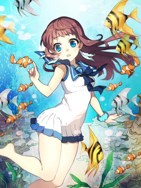 Anime picture 1400x1866 with nagi no asukara p.a. works mukaido manaka crnksg single long hair tall image blue eyes brown hair barefoot sunlight underwater wrist scrunchie swimming girl water scrunchie fish (fishes) hair tie sailor suit