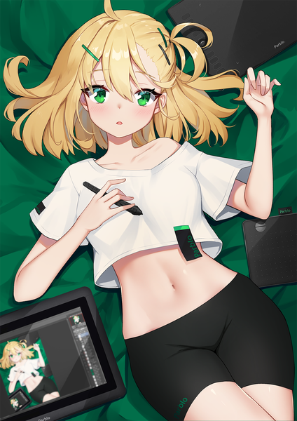 Anime picture 1500x2121 with original ango single tall image looking at viewer blush fringe short hair breasts open mouth blonde hair hair between eyes holding green eyes ahoge lying off shoulder :o short sleeves midriff