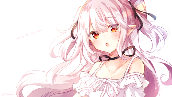 Anime picture 2500x1406 with virtual youtuber chucolala mashiro kanon fukunoki tokuwa single long hair looking at viewer blush fringe highres open mouth simple background hair between eyes wide image white background bare shoulders payot silver hair upper body pointy ears