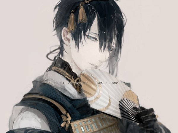 Anime picture 919x689 with touken ranbu nitroplus mikazuki munechika daken single short hair blue eyes black hair simple background holding traditional clothes parted lips japanese clothes lips pale skin alternate hair color boy gloves black gloves headband