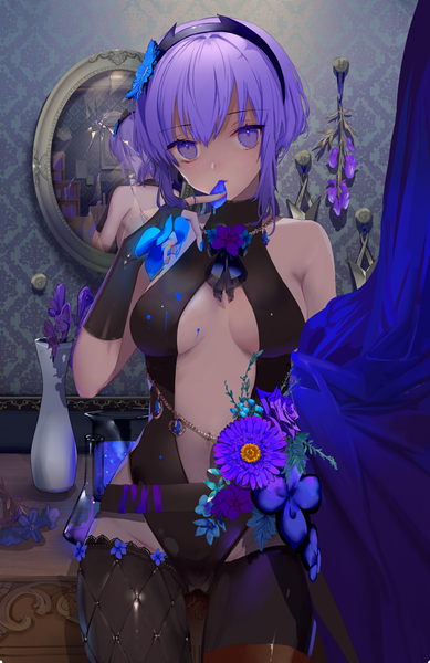 Anime picture 650x1003 with fate (series) fate/prototype hassan of serenity (fate) yukisame single tall image looking at viewer blush fringe short hair breasts light erotic hair between eyes standing purple eyes bare shoulders payot purple hair indoors nail polish