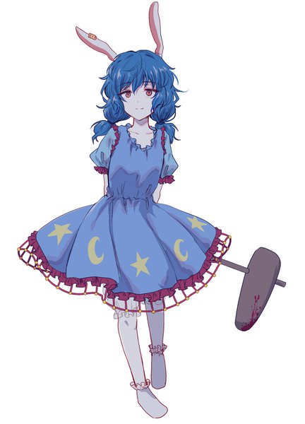 Anime-Bild 1000x1389 mit touhou seiran (touhou) uranaishi (miraura) single long hair tall image simple background red eyes white background twintails blue hair full body no shoes puffy sleeves low twintails bunny girl hands behind back star print girl dress