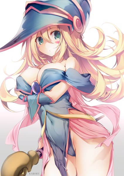 Anime picture 2894x4093 with yu-gi-oh! dark magician girl karory single long hair tall image looking at viewer fringe highres breasts blue eyes light erotic simple background blonde hair hair between eyes large breasts standing bare shoulders holding signed