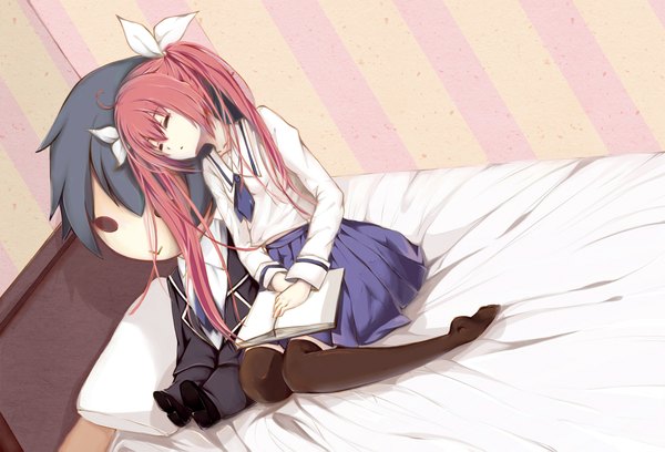 Anime picture 2032x1383 with date a live itsuka kotori luoz long hair highres twintails pink hair eyes closed sleeping girl thighhighs skirt uniform bow black thighhighs hair bow school uniform bed toy stuffed animal
