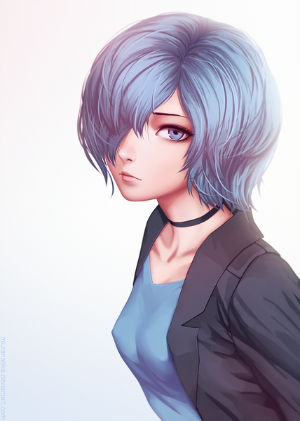Anime picture 1240x1736 with tokyo ghoul studio pierrot kirishima touka miura-n315 single tall image looking at viewer fringe short hair breasts blue eyes simple background white background blue hair upper body lips hair over one eye formal girl choker