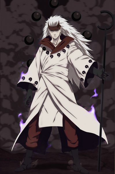 Anime picture 2921x4404 with naruto studio pierrot naruto (series) uchiha madara tagme (artist) single long hair tall image looking at viewer highres standing holding wide sleeves coloring serious glow dust rinnegan boy staff