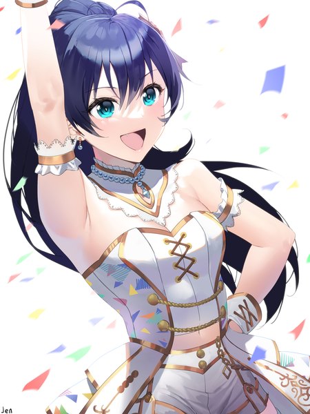 Anime picture 3000x4000 with idolmaster ganaha hibiki arjent single long hair tall image fringe highres open mouth hair between eyes blue hair looking away upper body ahoge :d arm up aqua eyes armpit (armpits) fang (fangs) hand on hip