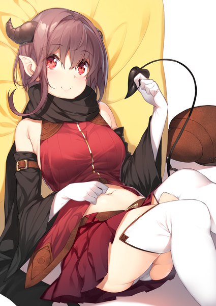 Anime picture 2507x3541 with original yappen single tall image looking at viewer blush fringe highres short hair breasts light erotic smile red eyes brown hair sitting tail pleated skirt horn (horns) pointy ears wide sleeves