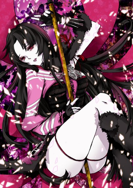 Anime picture 1025x1450 with sengoku basara production i.g oichi amksr417 (artist) single tall image light erotic black hair red eyes lying nail polish zettai ryouiki thighhighs gloves weapon petals armor fingerless gloves polearm