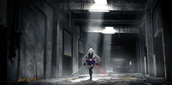 Anime picture 4330x2150 with original asagon007 single long hair looking at viewer fringe highres blue eyes hair between eyes wide image standing twintails holding absurdres silver hair full body indoors midriff dual wielding girl