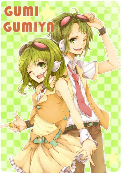 Anime picture 1463x2069 with vocaloid gumi gumo akayuyu (artist) tall image short hair green eyes one eye closed green hair wink inscription border happy checkered background girl boy necktie headphones ring goggles