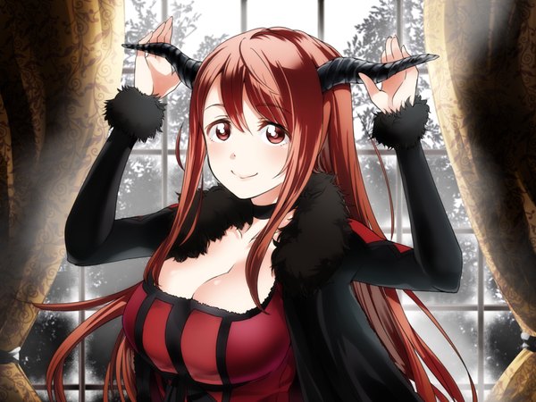 Anime picture 2000x1500 with maoyuu maou yuusha arms corporation maou (maoyuu) sakayama shinta single long hair highres breasts light erotic red eyes large breasts red hair horn (horns) girl dress