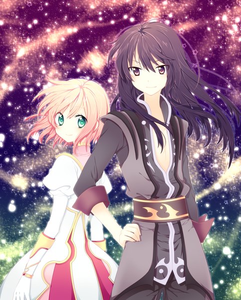 Anime picture 1746x2166 with tales of (series) tales of vesperia yuri lowell estellise sidos heurassein riichu long hair tall image highres short hair black hair blonde hair smile brown eyes green eyes looking back couple hand on hip partially open clothes girl boy