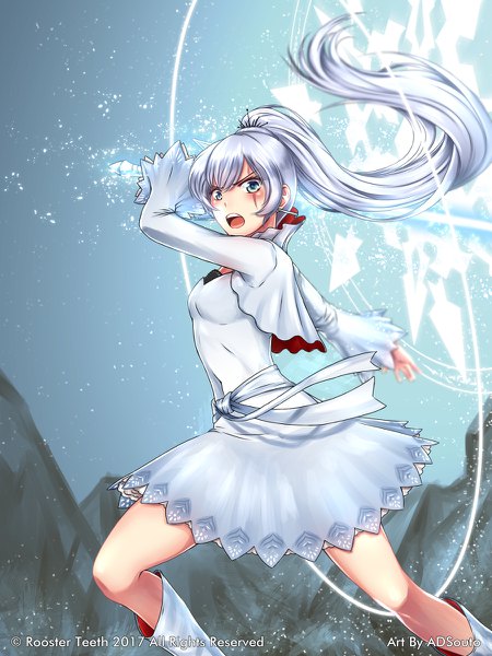 Anime picture 900x1200 with rwby rooster teeth weiss schnee adsouto single long hair tall image looking at viewer blush fringe breasts open mouth blue eyes hair between eyes standing signed sky cleavage silver hair bent knee (knees)