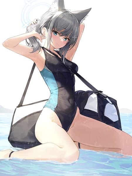 Anime picture 1313x1750 with blue archive shiroko (blue archive) shiroko (swimsuit) (blue archive) goomrrat single long hair tall image looking at viewer blush fringe breasts blue eyes light erotic simple background smile hair between eyes white background sitting animal ears payot