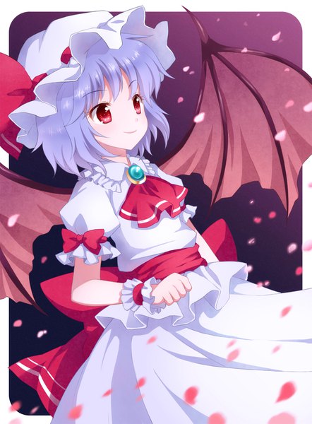 Anime picture 1200x1627 with touhou remilia scarlet mauve single tall image short hair smile red eyes looking away purple hair short sleeves puffy sleeves bat wings girl skirt hat petals wings jewelry wrist cuffs