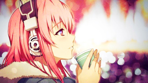 Anime picture 1280x720 with nitroplus super sonico single long hair wide image looking away pink hair profile pink eyes girl jacket headphones