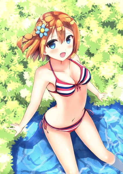 Anime picture 1414x2000 with love live! school idol project sunrise (studio) love live! kousaka honoka tukisiro nao single tall image looking at viewer blush short hair breasts open mouth blue eyes light erotic braid (braids) from above orange hair wet partially submerged side braid