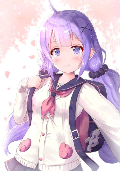 Anime picture 1447x2046 with azur lane unicorn (azur lane) unicorn (amusement park date) (azur lane) cocoasabure single long hair tall image looking at viewer blush fringe breasts purple eyes twintails payot purple hair upper body ahoge blunt bangs pleated skirt light smile