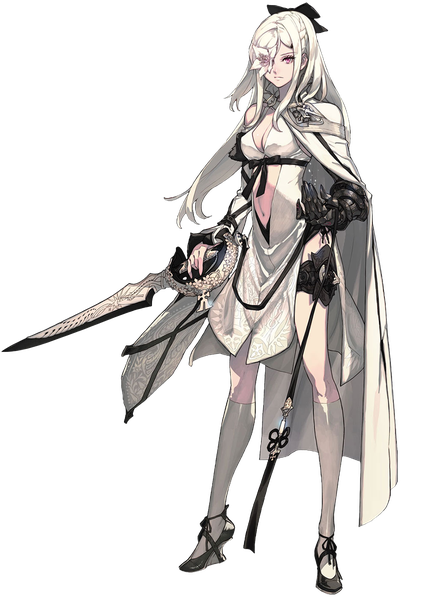 Anime picture 1000x1400 with drakengard drag-on dragoon 3 zero (drag-on dragoon) fujisaka kimihiko single long hair tall image fringe breasts large breasts standing holding cleavage full body white hair hair over one eye transparent background flower over eye girl navel