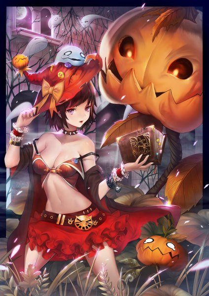 Anime picture 2480x3508 with original hxxg single tall image highres short hair breasts light erotic black hair purple eyes bare shoulders midriff halloween ghost witch girl skirt navel miniskirt frills