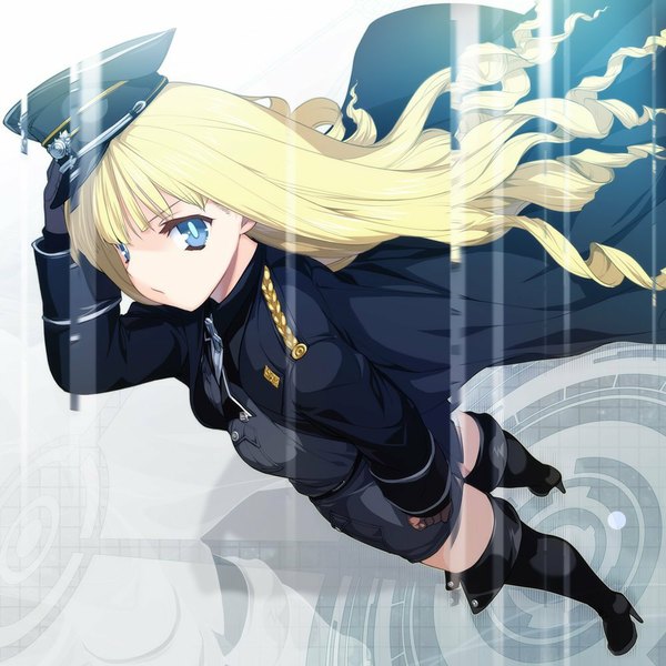 Anime picture 1000x1000 with daiteikoku alicesoft retia adolf orion (orionproject) single long hair blue eyes blonde hair girl uniform thigh boots military uniform peaked cap