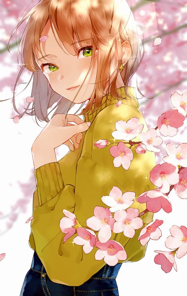 Anime picture 1432x2269 with original hami yura single tall image looking at viewer fringe short hair simple background smile hair between eyes standing white background green eyes outdoors wind sunlight orange hair sparkle cherry blossoms girl