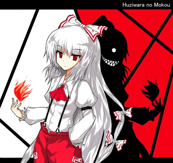 Anime picture 1058x1000 with touhou fujiwara no mokou isa white hair red hair very long hair shadow character names hand in pocket parody alphes (style) girl bow hair bow fire
