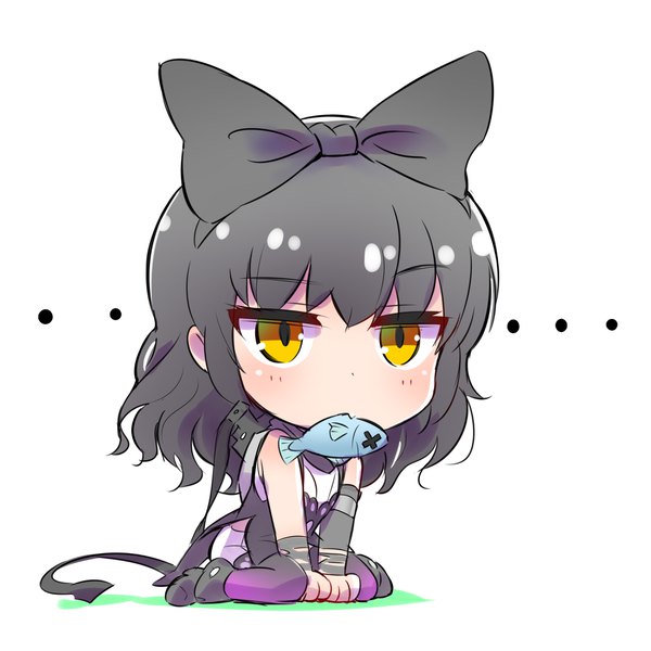 Аниме картинка 4000x4000 с красный белый чёрный жёлтый rooster teeth blake belladonna iesupa один (одна) длинные волосы высокое разрешение чёрные волосы сидит жёлтые глаза absurdres вариза чиби еда во рту девушка бант бант для волос животное колготки шорты