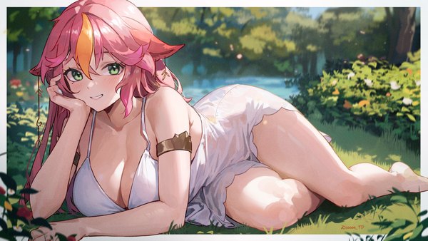 Anime picture 3744x2106 with virtual youtuber indie virtual youtuber mallie sprout sooon single long hair looking at viewer blush fringe highres breasts light erotic smile hair between eyes wide image large breasts green eyes signed animal ears pink hair