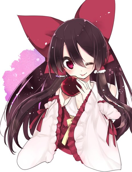 Anime picture 1000x1294 with touhou hakurei reimu oinari (tensaizoku) single long hair tall image looking at viewer blush fringe black hair hair between eyes red eyes white background upper body one eye closed wink girl bow hair bow detached sleeves