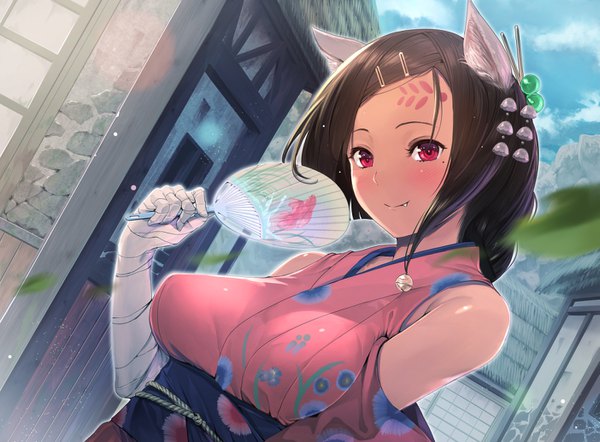 Anime picture 1403x1034 with original furukawa itsuse single long hair looking at viewer blush breasts light erotic smile red eyes brown hair large breasts bare shoulders holding animal ears sky cloud (clouds) upper body outdoors traditional clothes