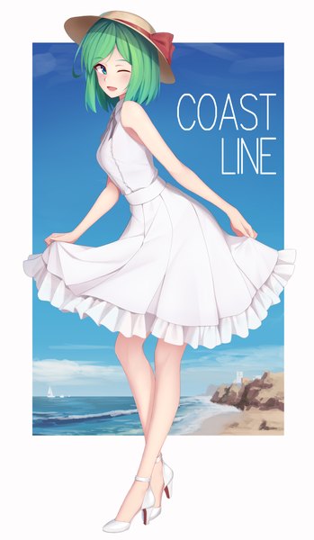 Anime picture 2480x4268 with original keller enasa arnold-s single tall image looking at viewer highres short hair open mouth blue eyes smile sky one eye closed green hair wink high heels leaning leaning forward sleeveless beach