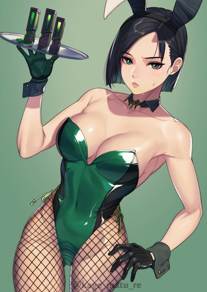 Anime picture 2894x4093 with valorant viper (valorant) kagematsuri single tall image looking at viewer fringe highres short hair breasts light erotic black hair simple background large breasts standing green eyes signed animal ears arm up bunny ears