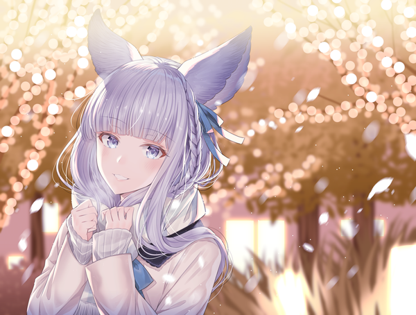 Anime picture 1500x1135 with granblue fantasy korwa (granblue fantasy) myusha single long hair looking at viewer blush fringe blue eyes smile animal ears silver hair upper body outdoors blunt bangs braid (braids) long sleeves parted lips wind arms up
