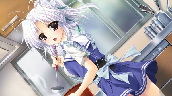 Anime picture 1280x720 with mashiro summer yasaka chihiru ikura nagisa long hair blush open mouth wide image brown eyes game cg white hair ponytail cooking girl uniform school uniform apron